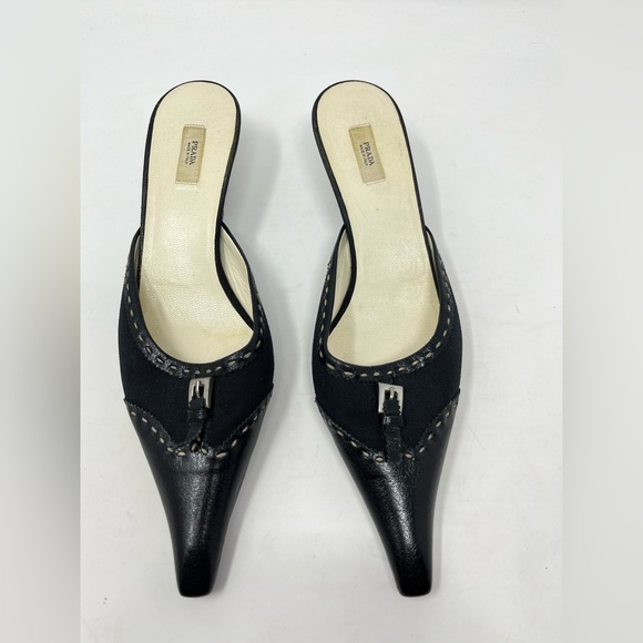 Vintage Prada Mule Heel black Leather and Canvas Buckle Pointed Toe size 37 - Picture 3 of 8